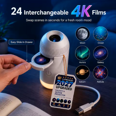 A small white projector lamp with a sliding drawer and USB cable, shown on a dark tabletop with a hand opening the drawer. Large text reads '24 Interchangeable 4K Films,' and circular icons show projected scenes like moon, ocean, aurora, galaxy, saturn, and nebula.